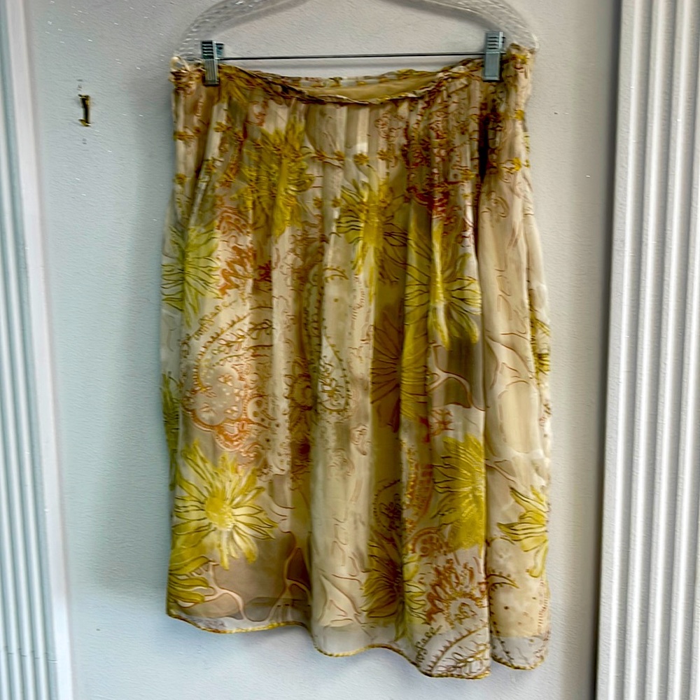 NWT Think Tank tan brown & yellow silk pleated floral A-line skirt Womens 12